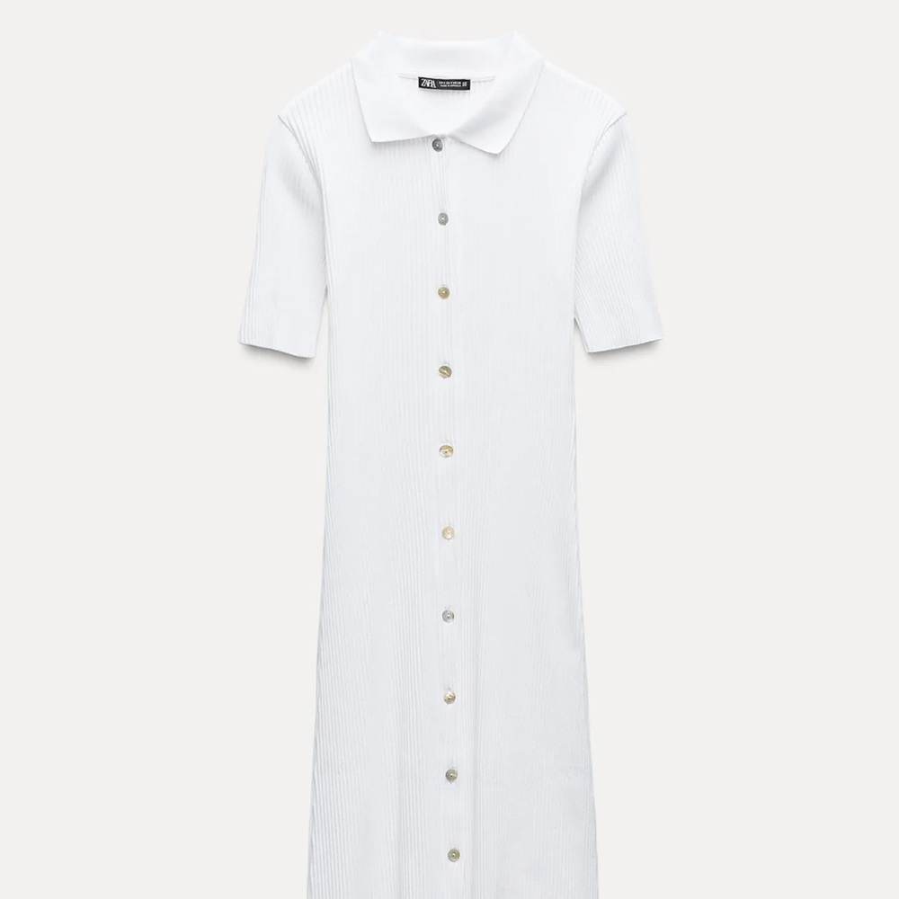 RIB POLO COLLAR DRESS WITH BUTTONS- Elegant White Button-Up Dress